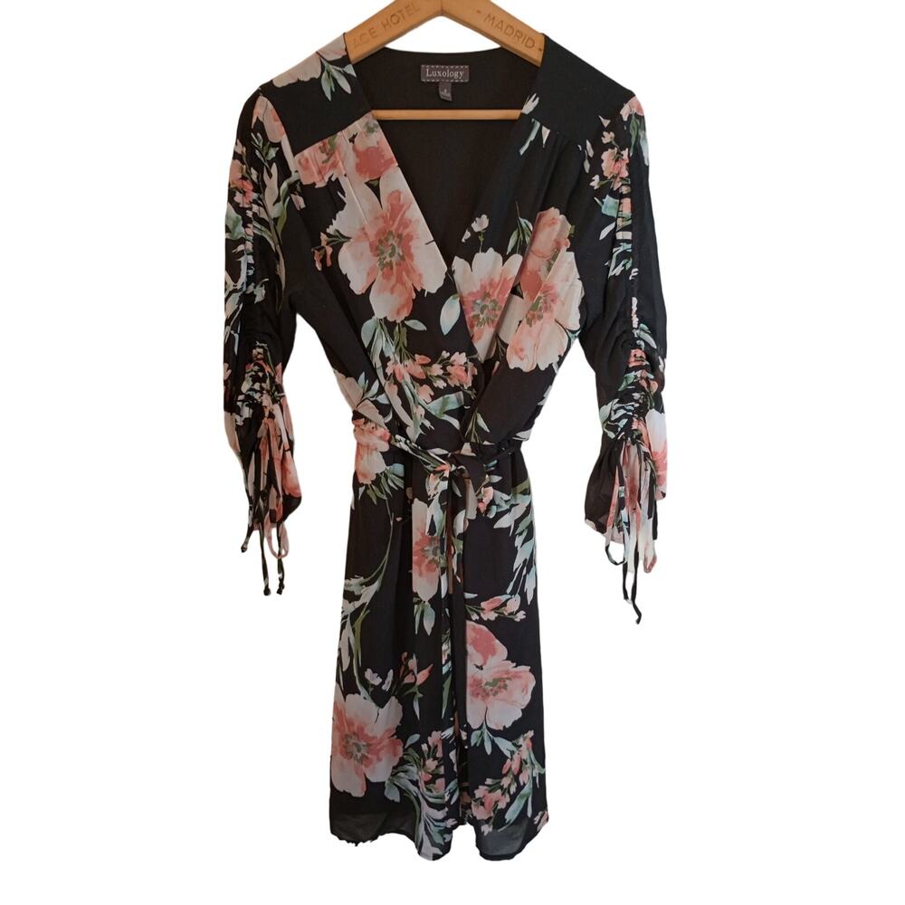 Luxology Women's V Neck Dress Long Sleeve Size 8 Black Pink Floral Short Lined - Picture 1 of 8